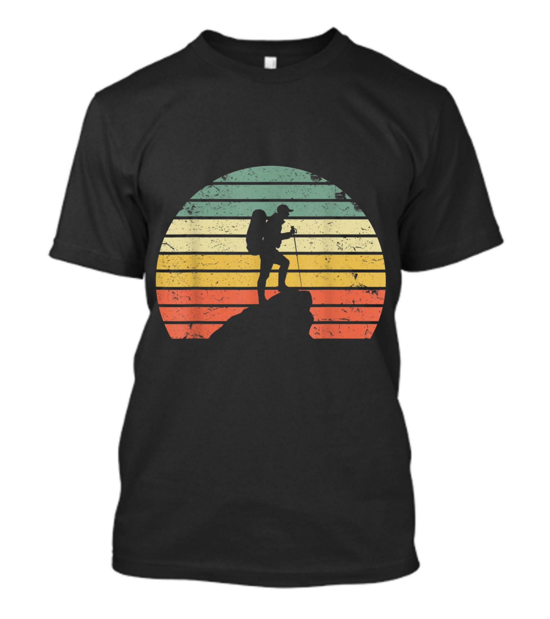 Retro Striped Sunset Hiking Silhouette On Rock T-Shirt