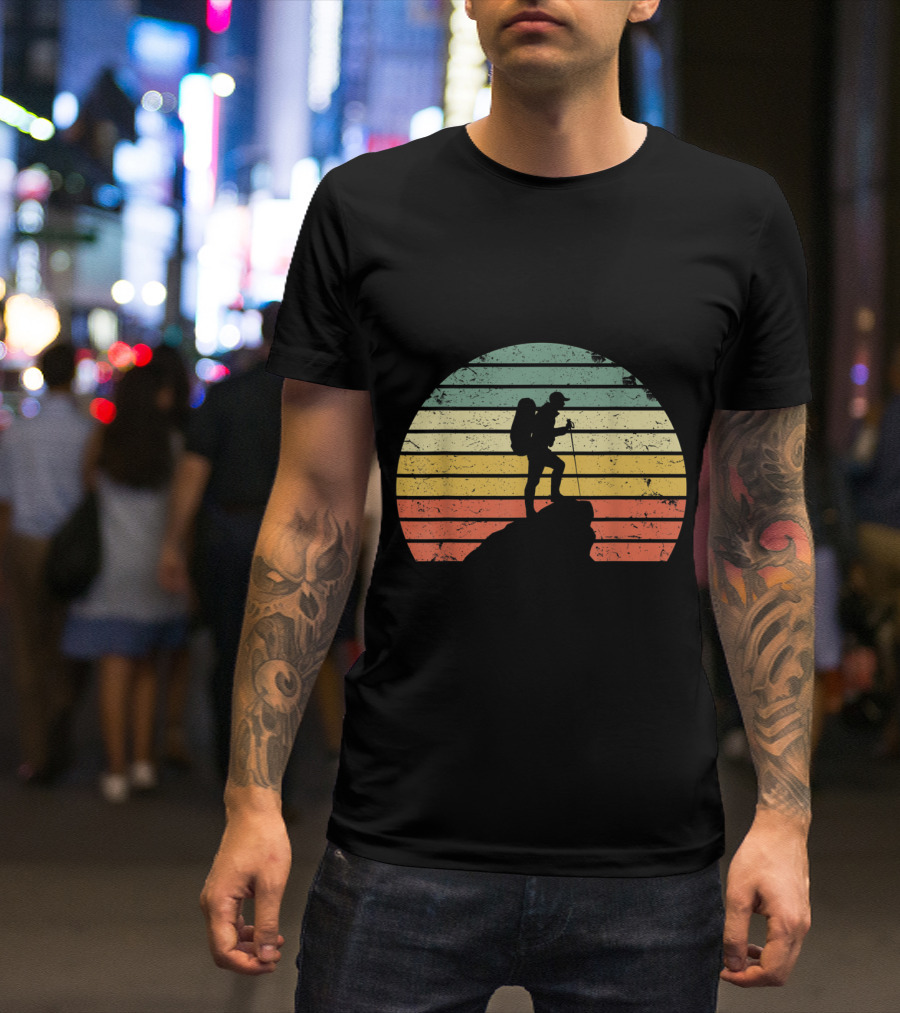 Retro Striped Sunset Hiking Silhouette On Rock T-Shirt