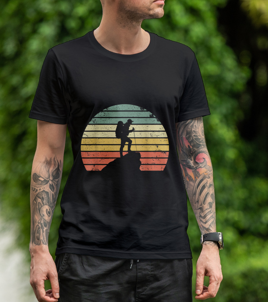 Retro Striped Sunset Hiking Silhouette On Rock T-Shirt