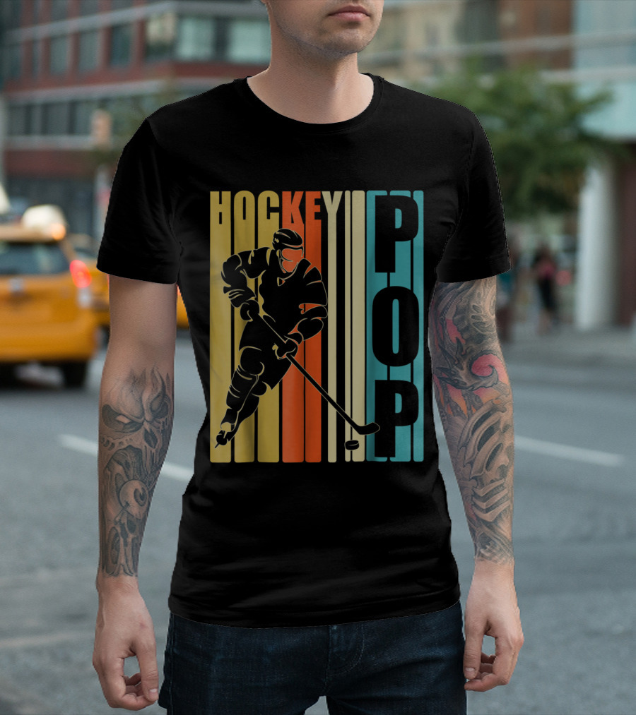 Retro Vintage Hockey Player Bold Stripes American Flag T-Shirt