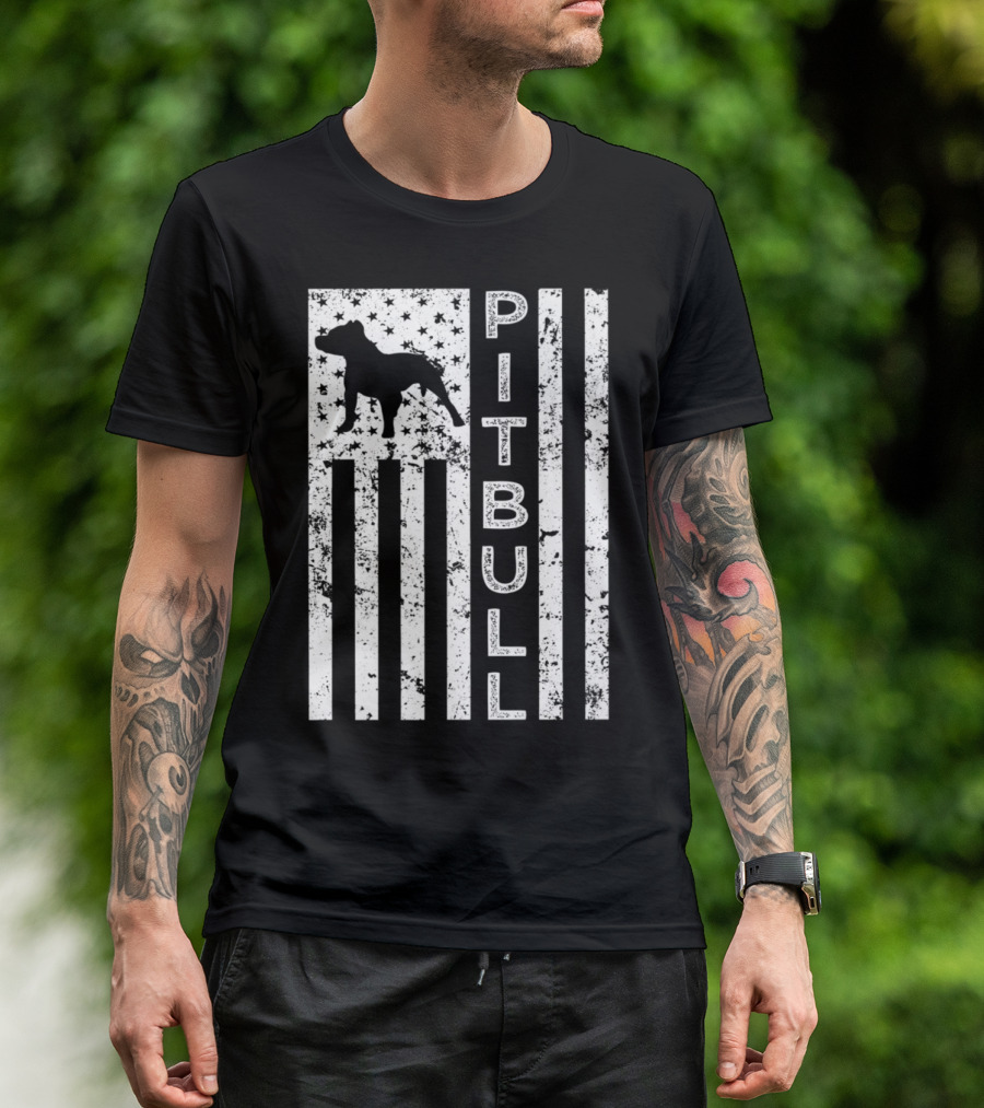 Patriotic American Pitbull Silhouette With US Flag Graphics T-Shirt
