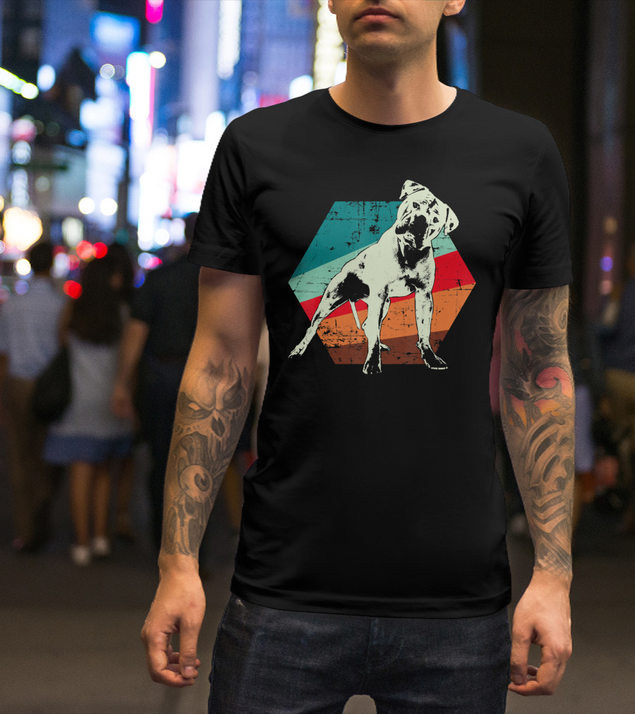 Retro American Bulldog With Vintage Striped Hexagon Background T-Shirt