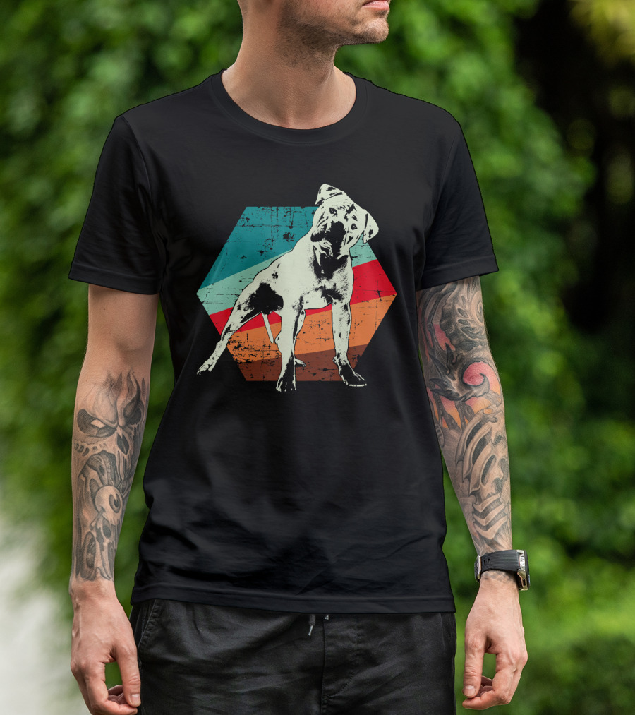 Retro American Bulldog With Vintage Striped Hexagon Background T-Shirt