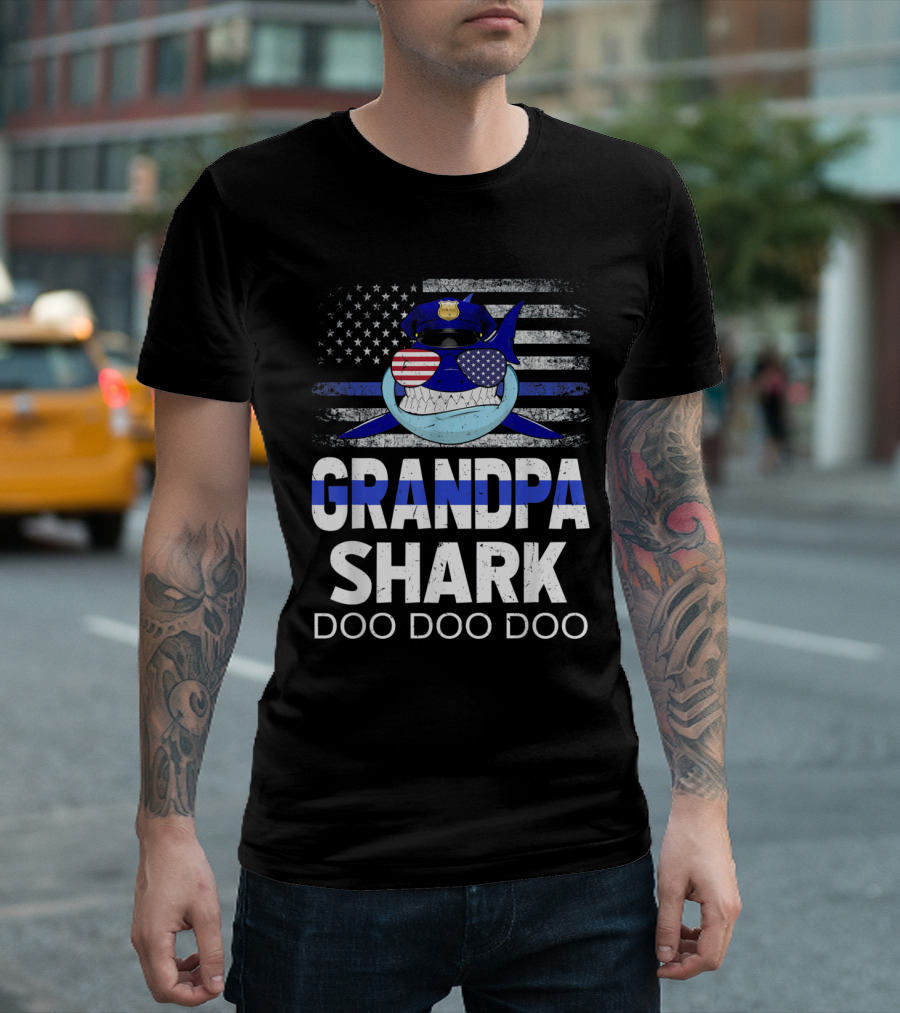 Grandpa Shark Doo Doo Doo Police Thin Blue Line American Flag T-Shirt