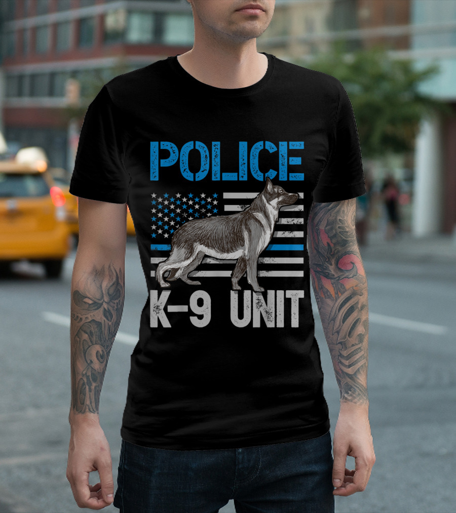 Police K-9 Unit Thin Blue Line American Flag Dog T-Shirt
