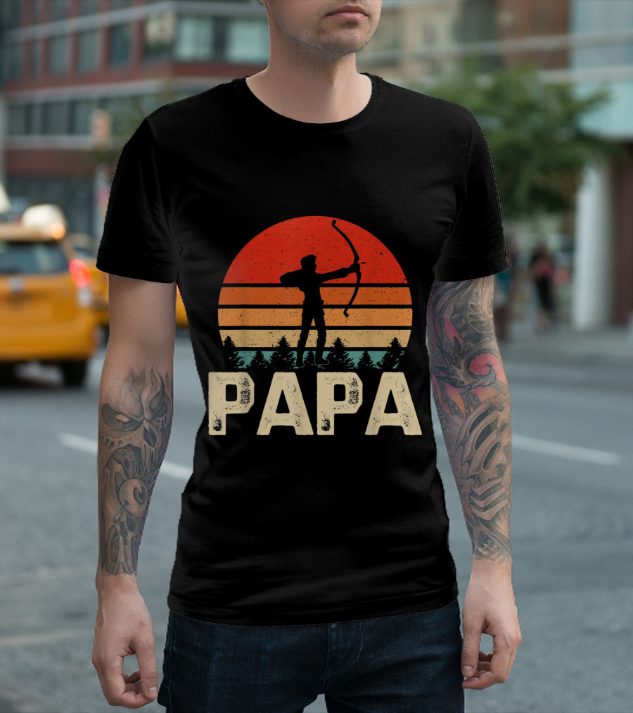 Papa Archery Silhouette Vintage Sunset Forest Scene T-Shirt