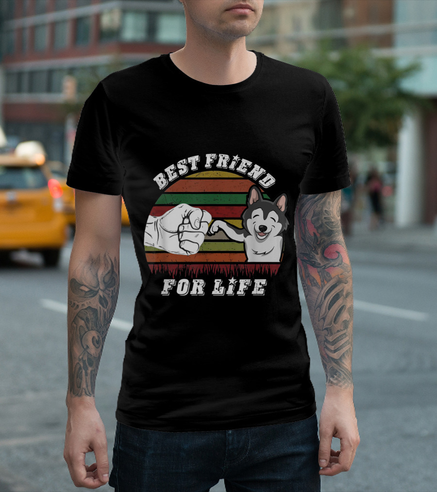 Best Friend For Life Vintage Husky Dog Fist Bump Retro Stripes T-Shirt