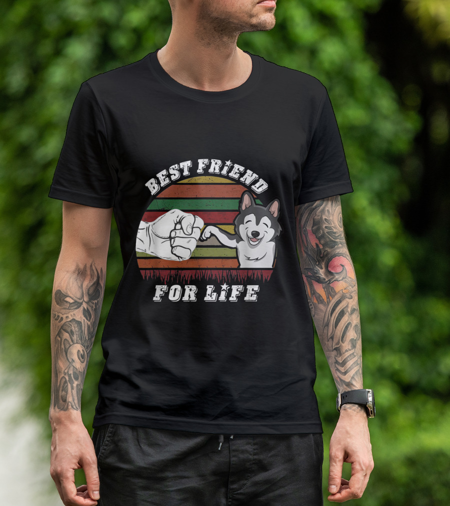 Best Friend For Life Vintage Husky Dog Fist Bump Retro Stripes T-Shirt