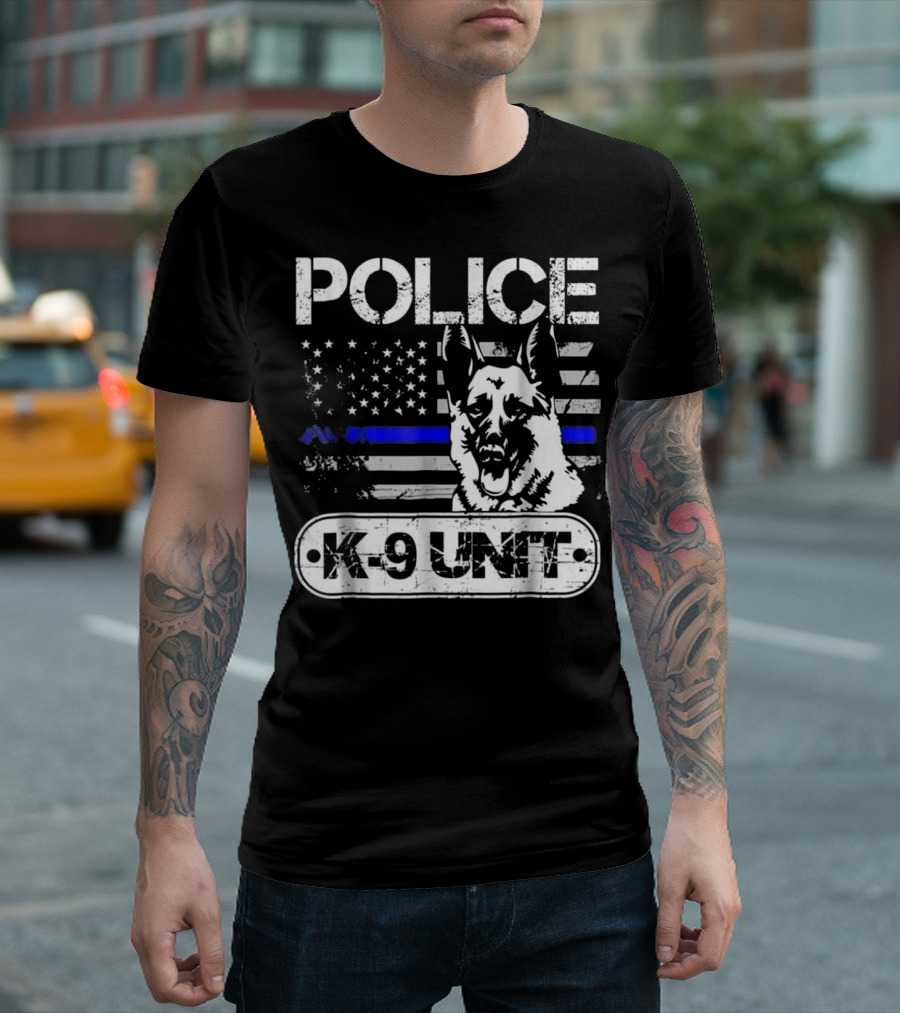 Distressed Police K9 Unit American Flag Thin Blue Line Dog T-Shirt