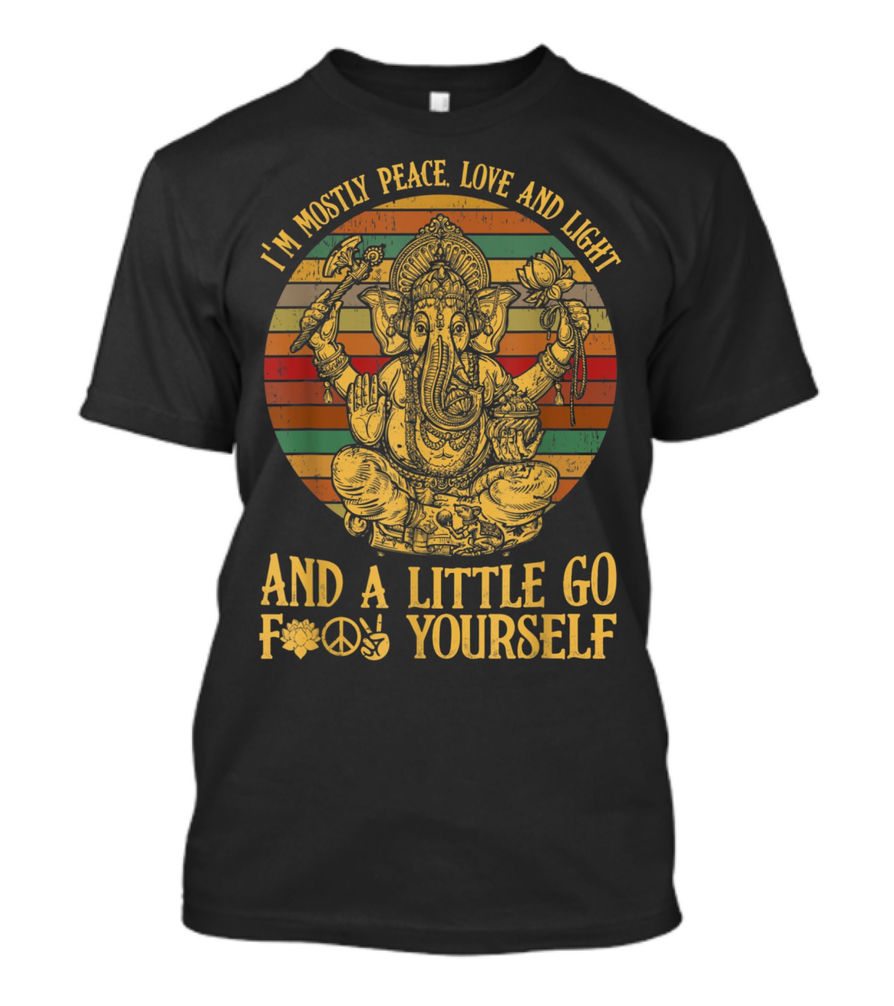 I'm Mostly Peace Love Light Yoga With Ganesh And Go Yourself Retro Stripes T-Shirt