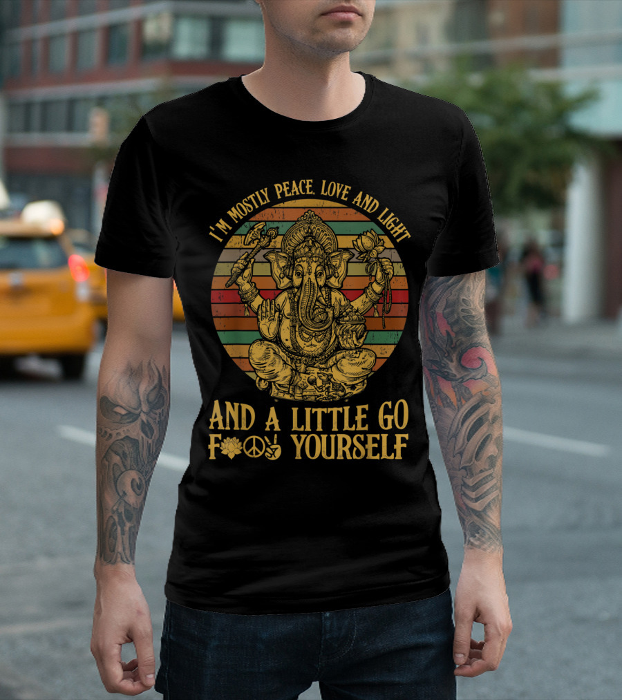 I'm Mostly Peace Love Light Yoga With Ganesh And Go Yourself Retro Stripes T-Shirt