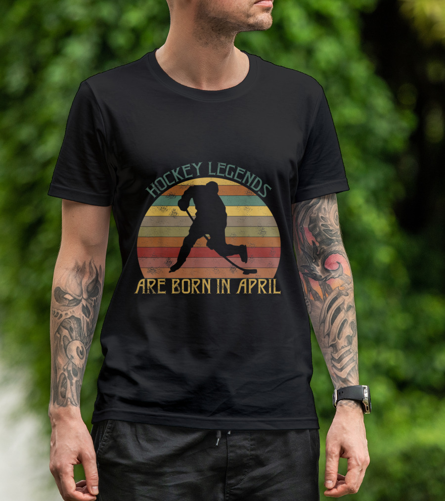 Hockey Legends Are Born In April Vintage Retro Stripes T-Shirt