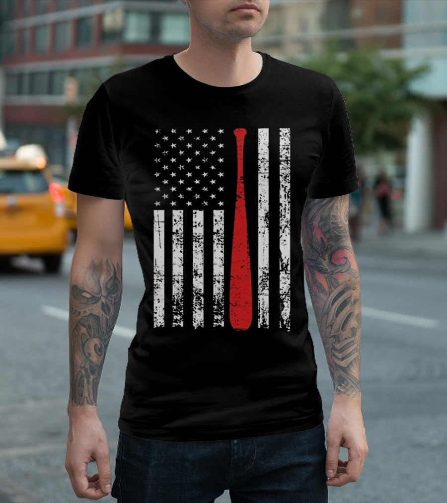 Distressed USA Flag Baseball Bat Design for American Fans T-Shirt