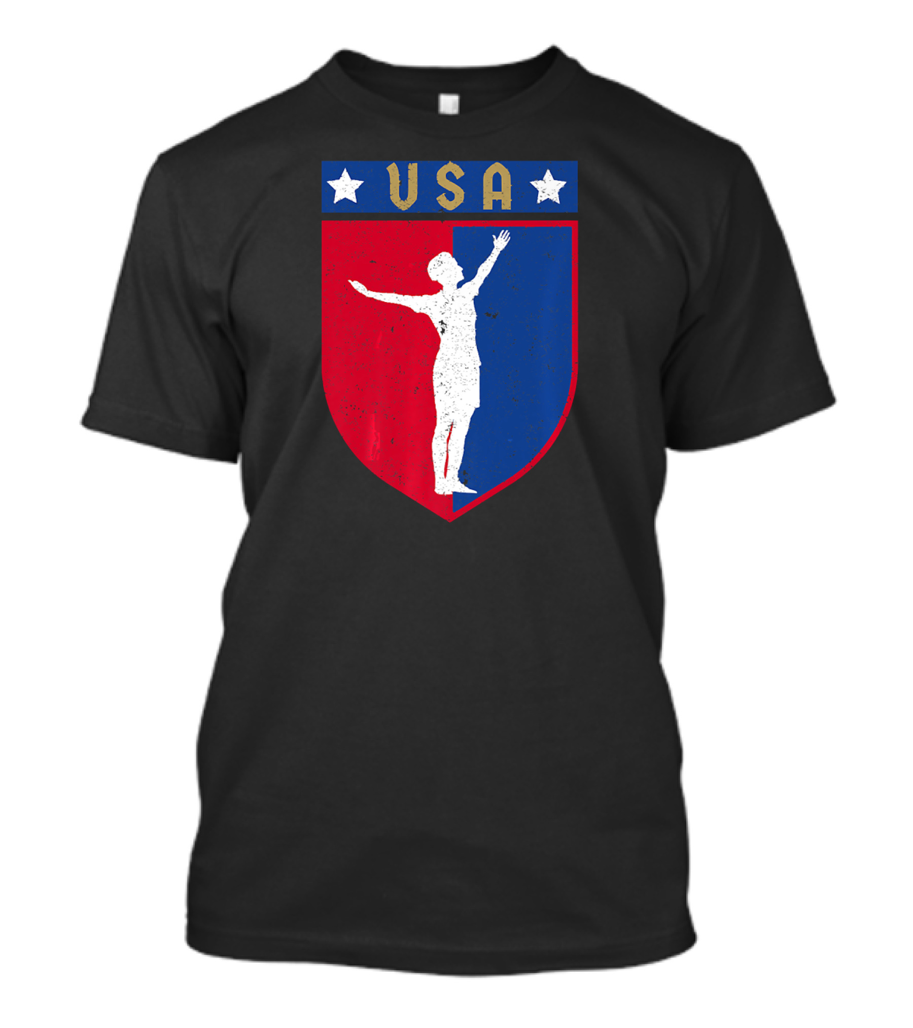 Distressed USA Red White And Blue Soccer Crest With Stars And Player T-Shirt