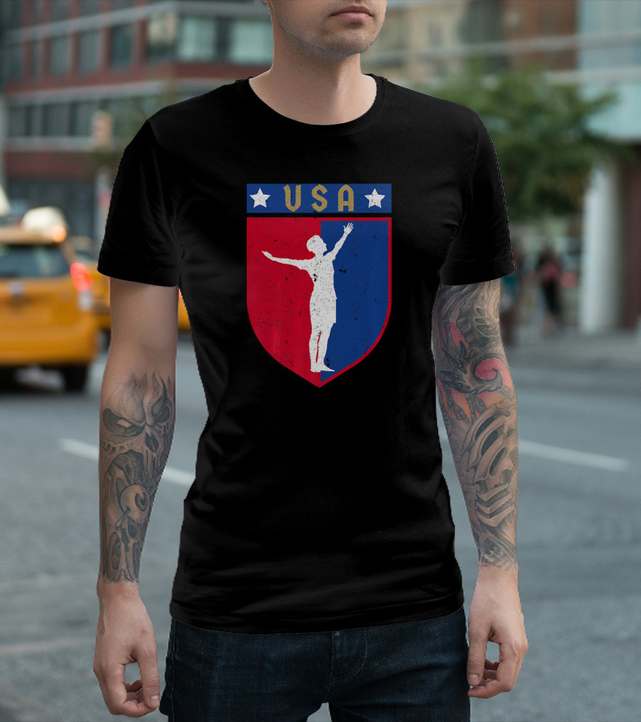 Distressed USA Red White And Blue Soccer Crest With Stars And Player T-Shirt