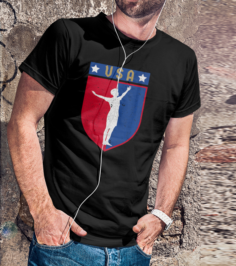 Distressed USA Red White And Blue Soccer Crest With Stars And Player T-Shirt