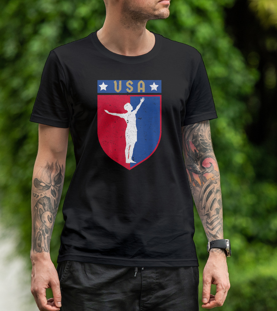 Distressed USA Red White And Blue Soccer Crest With Stars And Player T-Shirt