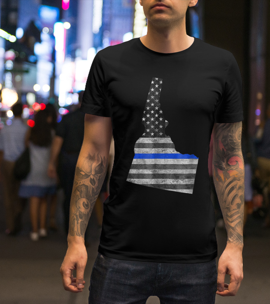 Idaho Police Thin Blue Line American Flag Map USA T-Shirt