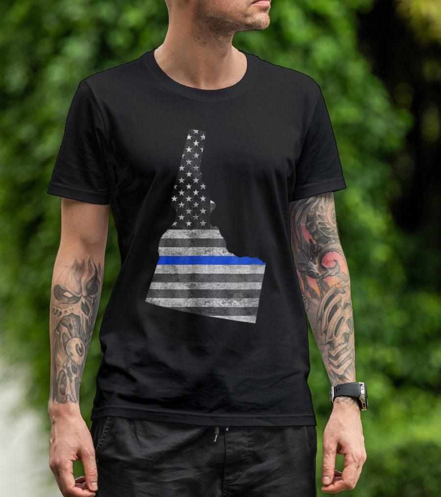 Idaho Police Thin Blue Line American Flag Map USA T-Shirt