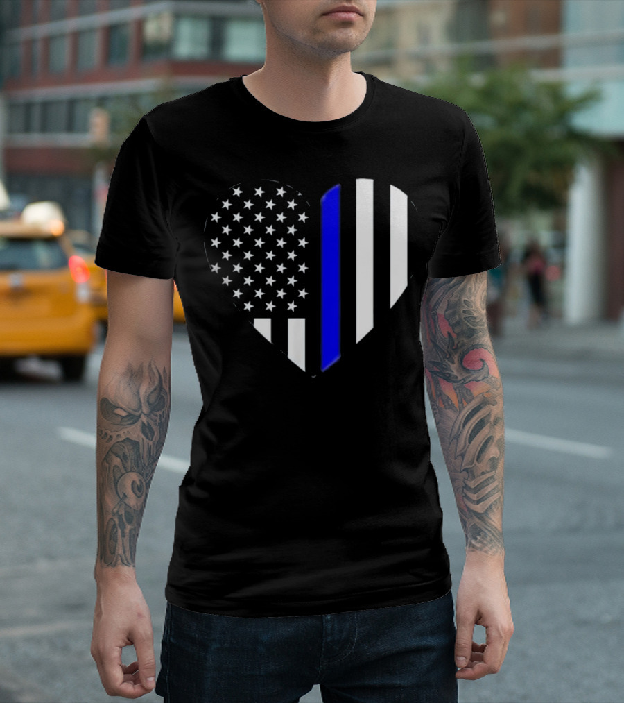 Thin Blue Line American Flag Heart Love Our Police Officer T-Shirt