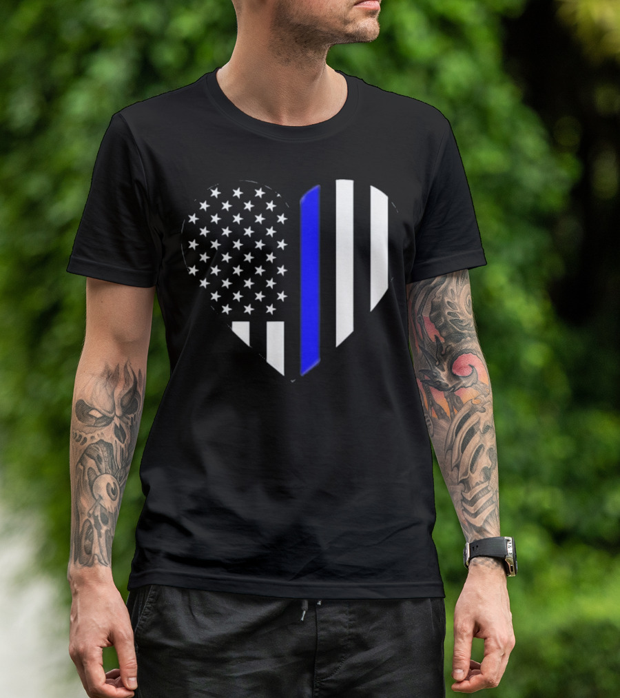 Thin Blue Line American Flag Heart Love Our Police Officer T-Shirt