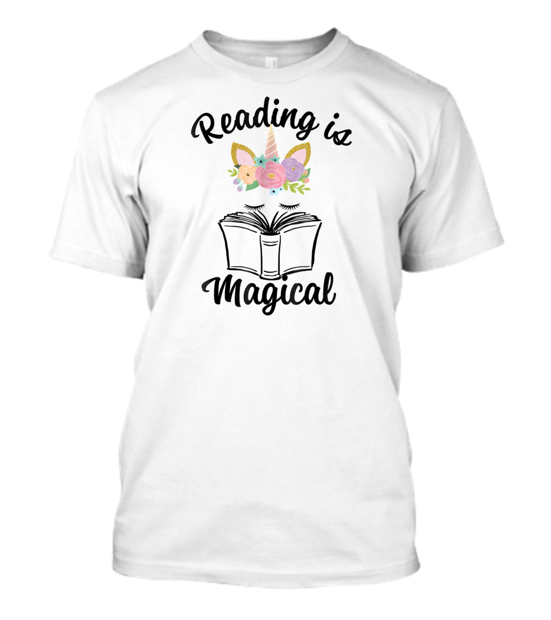 Reading Is Magical Unicorn Face With Open Book And Flowers T-Shirt