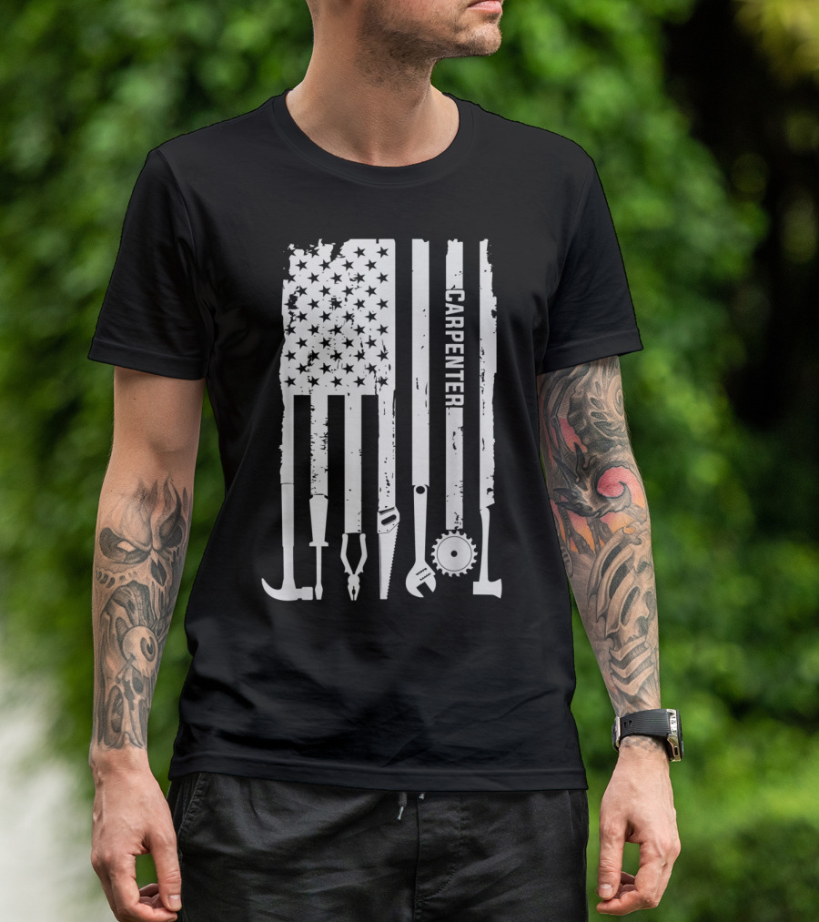 American Flag Tool Design Carpenter Woodworking 4th Of July T-Shirt