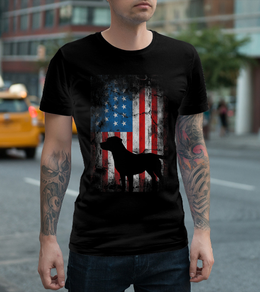 Vintage American Flag with Silhouette of Labrador Retriever Dog USA T-Shirt