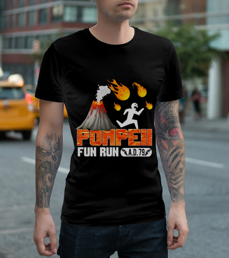Pompeii Fun Run A.D. 79 Volcano Eruption Cartoon Flames and Running Figure T-Shirt