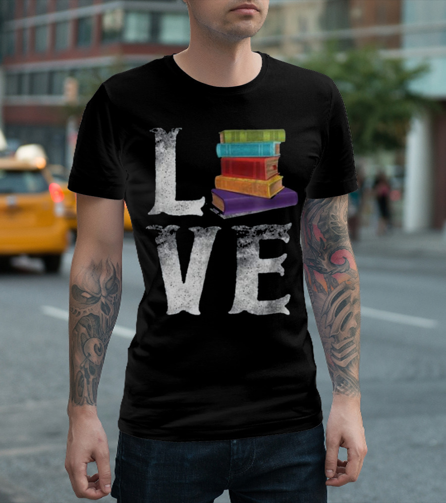 Love For Reading With A Stack Of Colorful Books Replacing The Letter O T-Shirt
