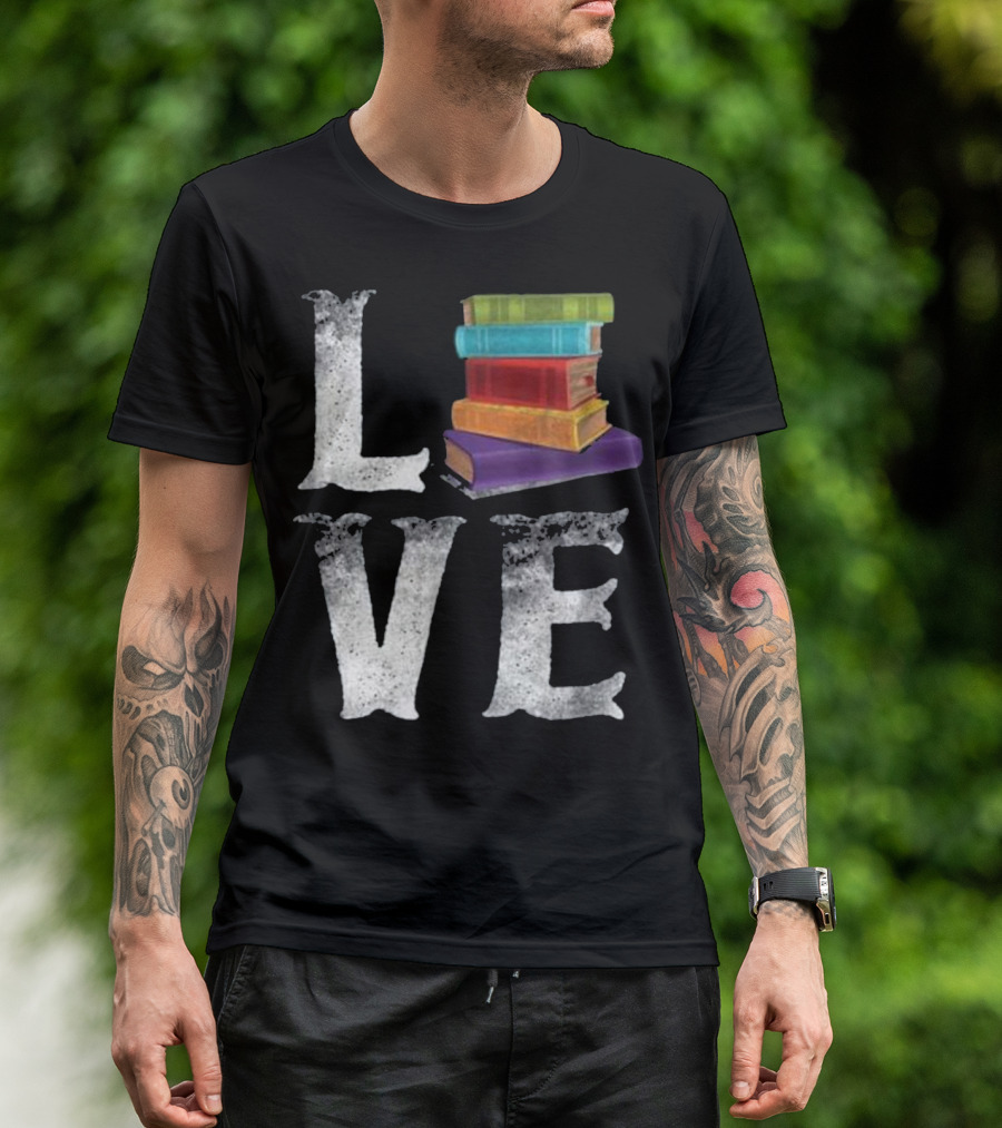 Love For Reading With A Stack Of Colorful Books Replacing The Letter O T-Shirt