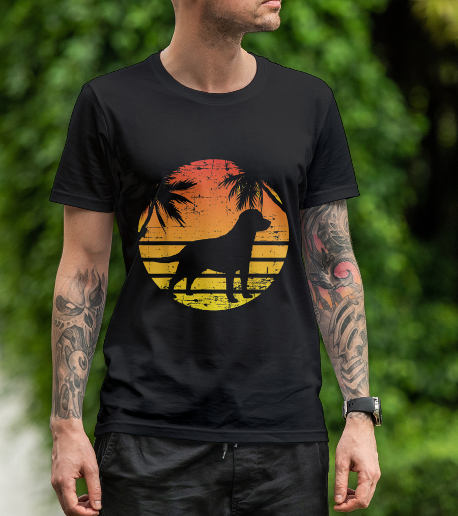Vintage Labrador Retriever Sunset Silhouette With Palm Trees T-Shirt