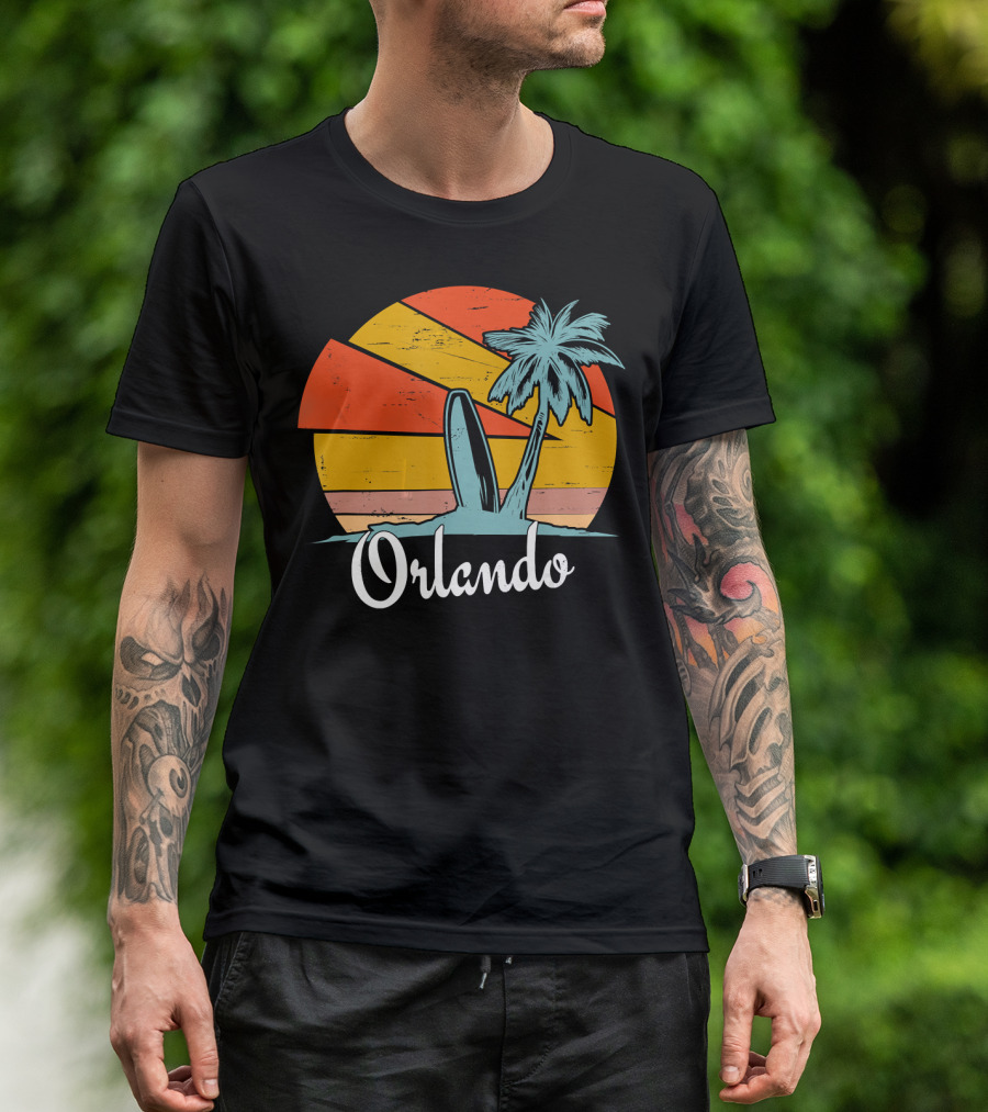 Orlando Florida Sunset Surfboard And Palm Tree Vacation Souvenir T-Shirt