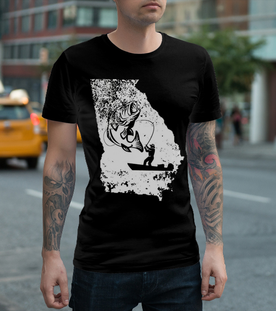 Georgia Fishing Love State Silhouette With Angler And Bass T-Shirt