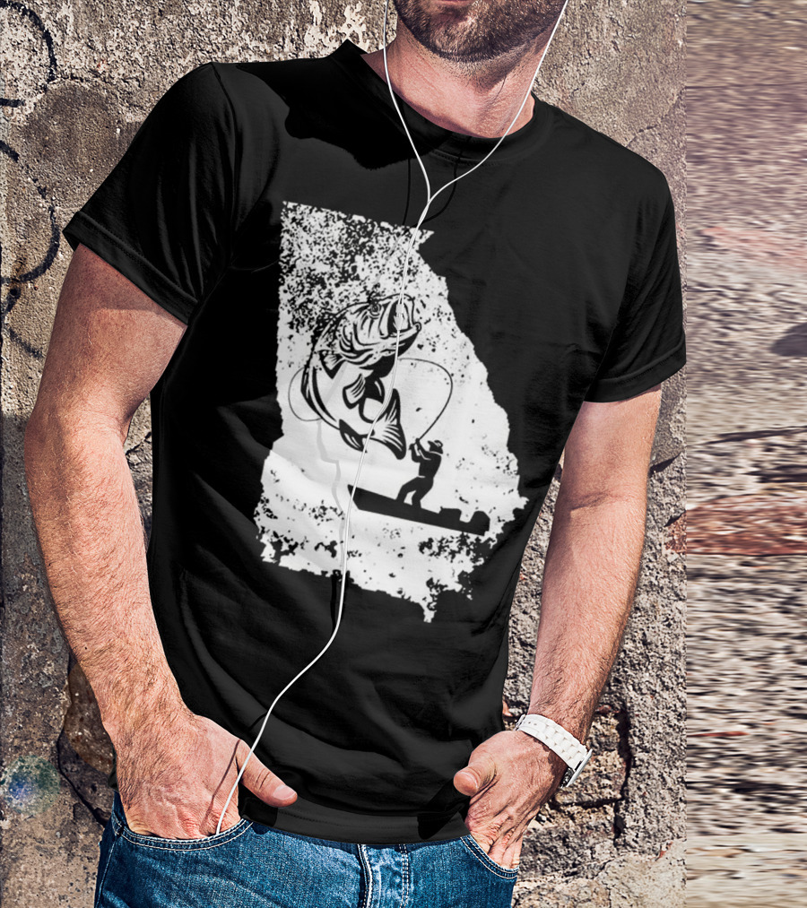 Georgia Fishing Love State Silhouette With Angler And Bass T-Shirt