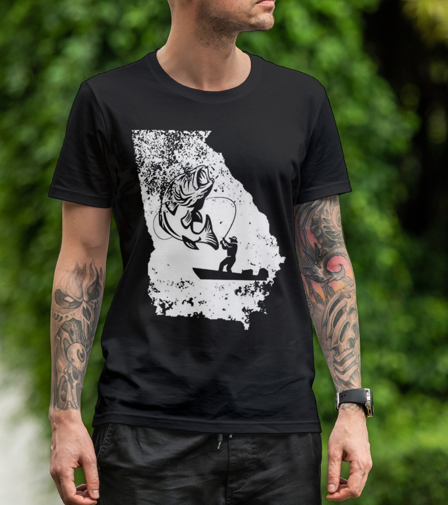 Georgia Fishing Love State Silhouette With Angler And Bass T-Shirt
