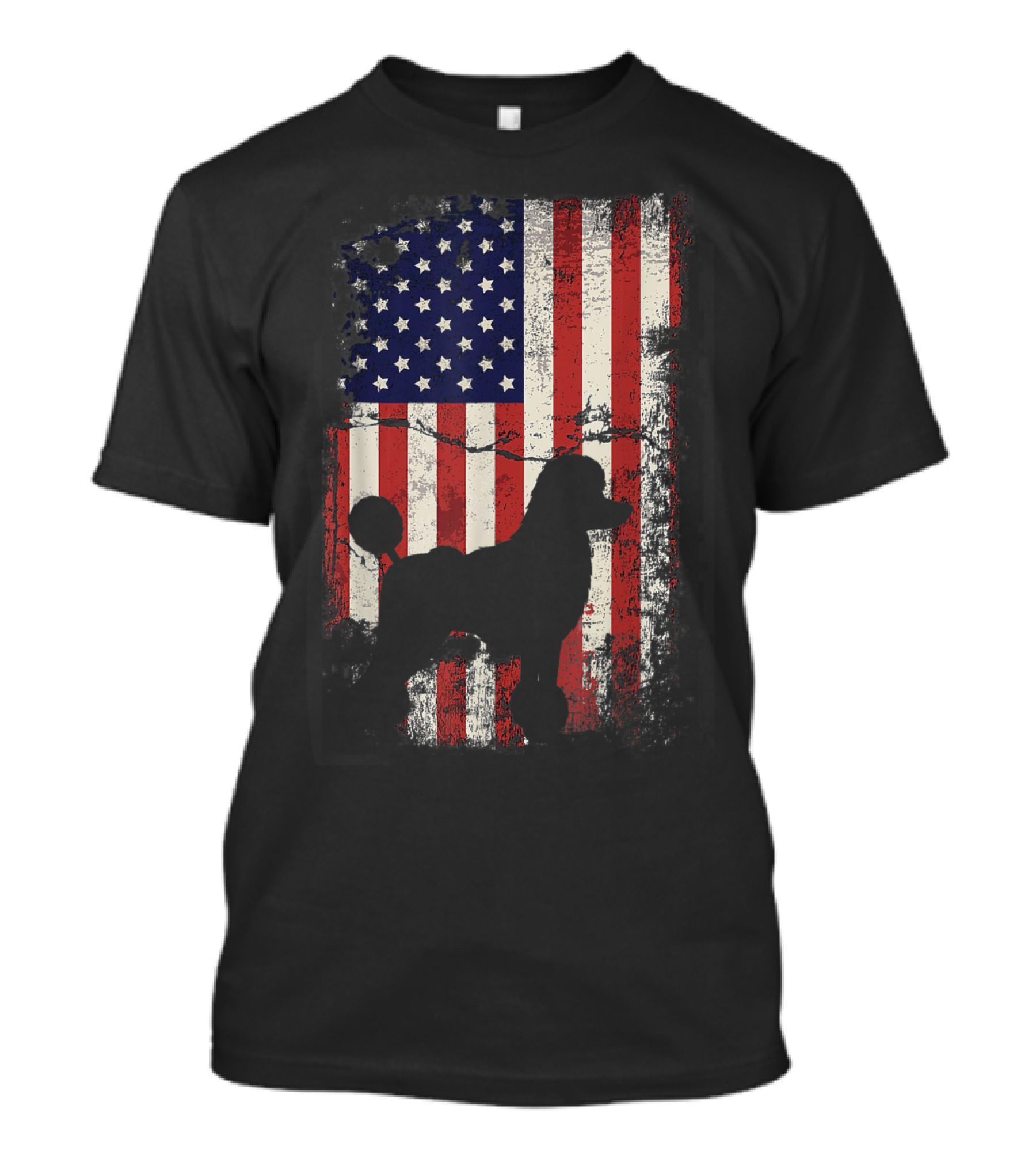 Poodle Silhouette Against Distressed American Flag Fourth Of July Patriotic T-Shirt