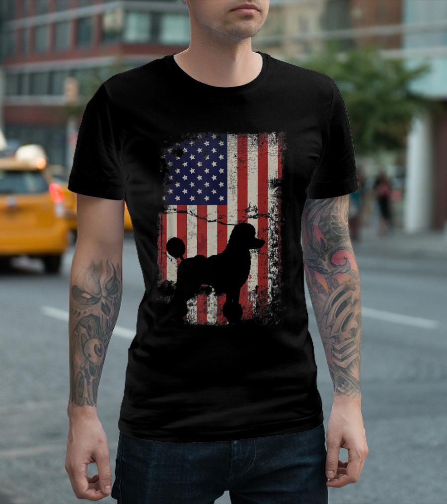 Poodle Silhouette Against Distressed American Flag Fourth Of July Patriotic T-Shirt