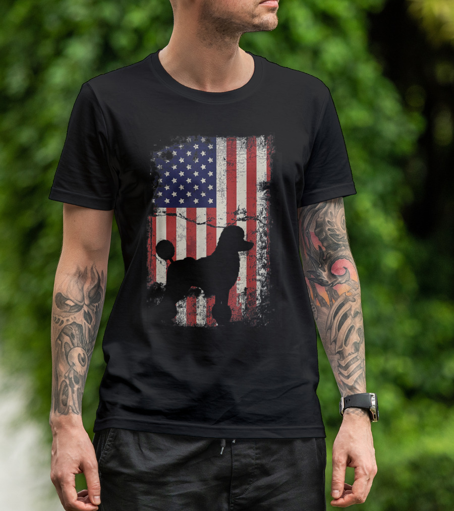 Poodle Silhouette Against Distressed American Flag Fourth Of July Patriotic T-Shirt