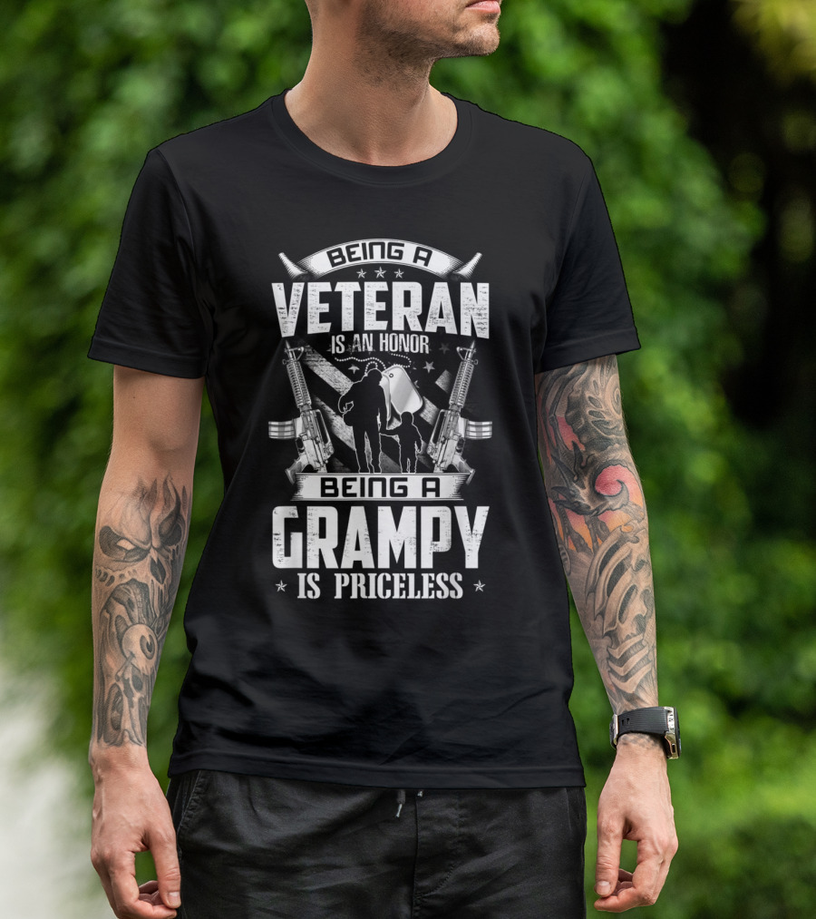 Being A Veteran Is An Honor Being A Grampy Is Priceless With Dog Tags And Rifles T-Shirt