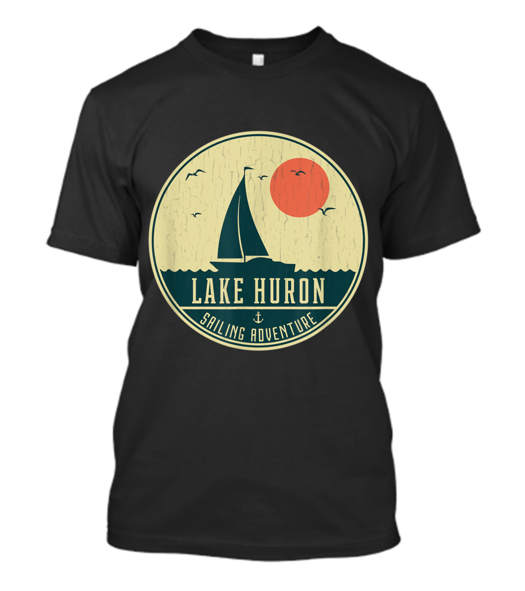 Lake Huron Sailing Adventure Vintage Style With Sunset And Birds T-Shirt