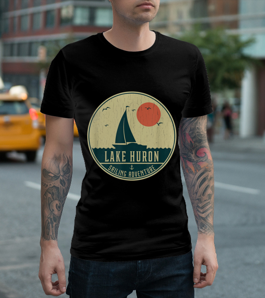 Lake Huron Sailing Adventure Vintage Style With Sunset And Birds T-Shirt