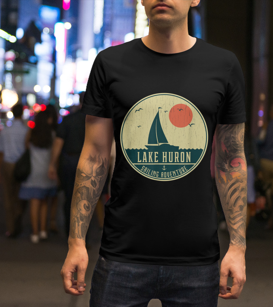 Lake Huron Sailing Adventure Vintage Style With Sunset And Birds T-Shirt