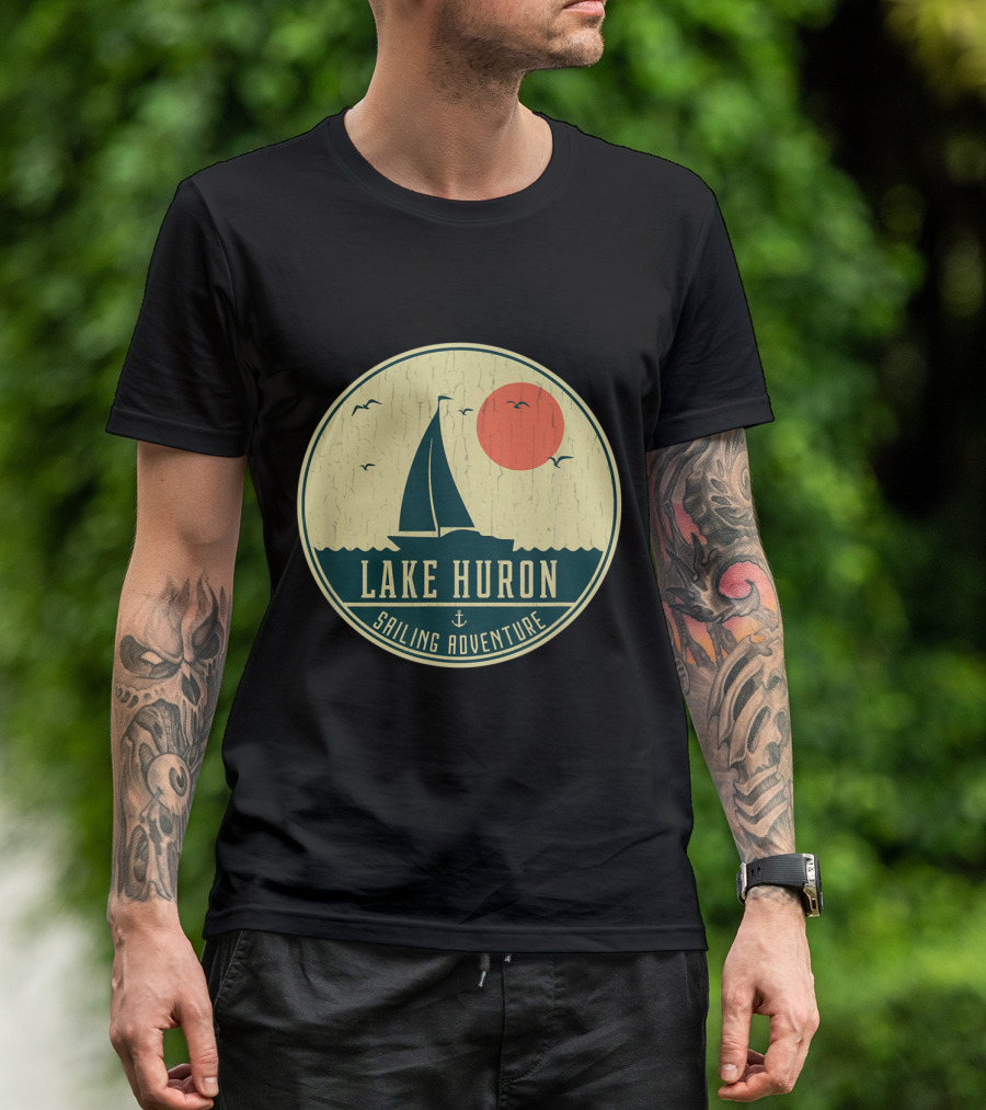 Lake Huron Sailing Adventure Vintage Style With Sunset And Birds T-Shirt