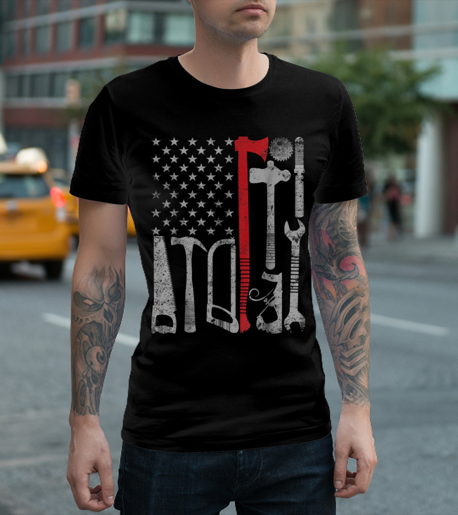 Fourth Of July Vintage Woodworking Carpenter American Tool Flag T-Shirt