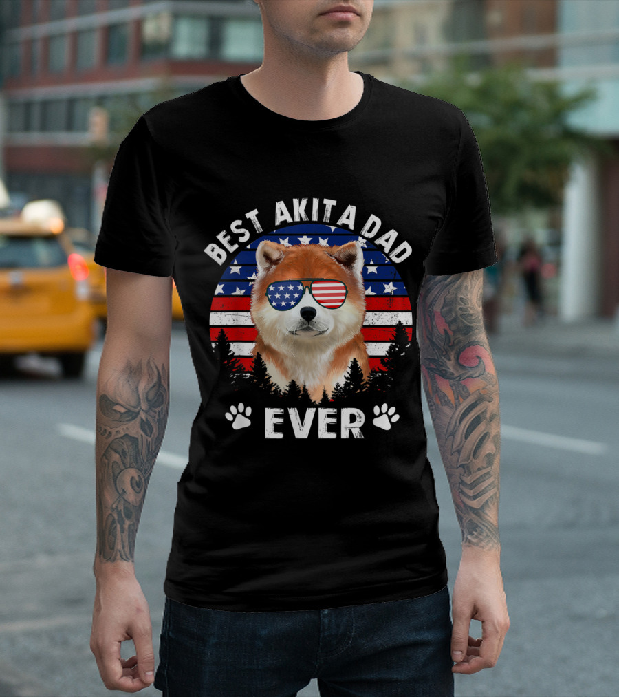 Best Akita Dad Ever with US Flag Sunglasses and Patriotic Background T-Shirt