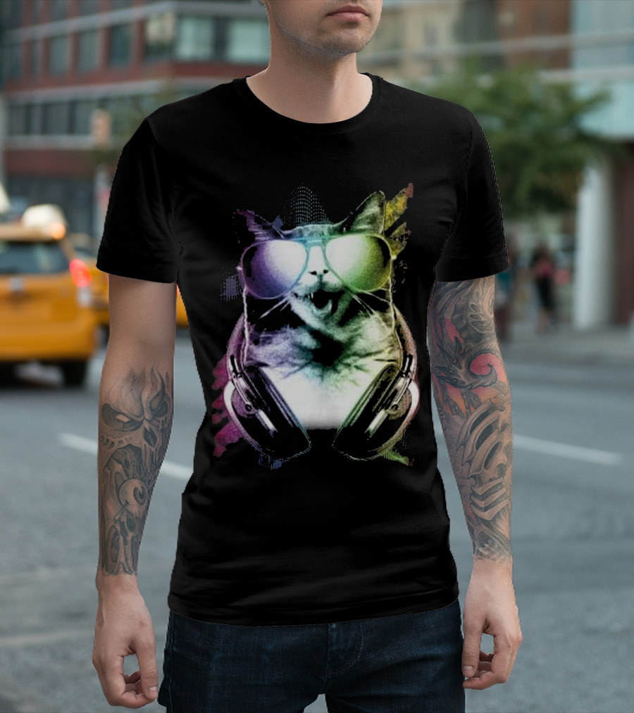 DJ Music Rave Cat With Headphones And Sunglasses T-Shirt