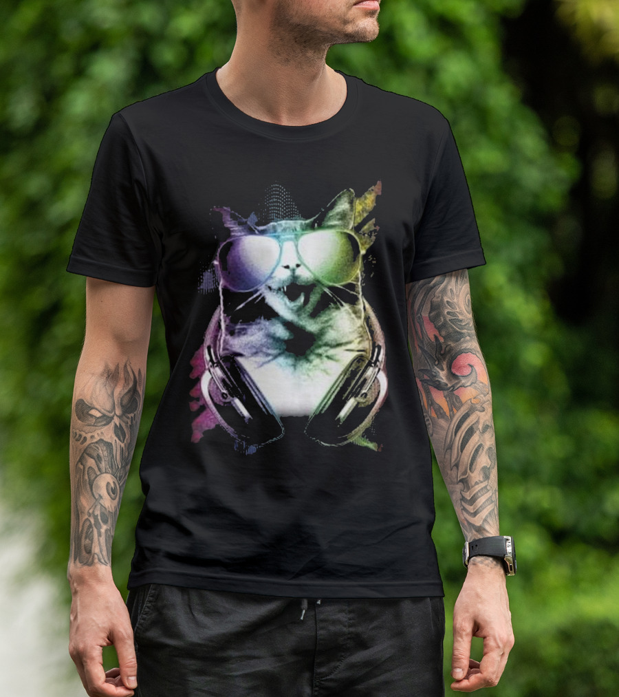 DJ Music Rave Cat With Headphones And Sunglasses T-Shirt
