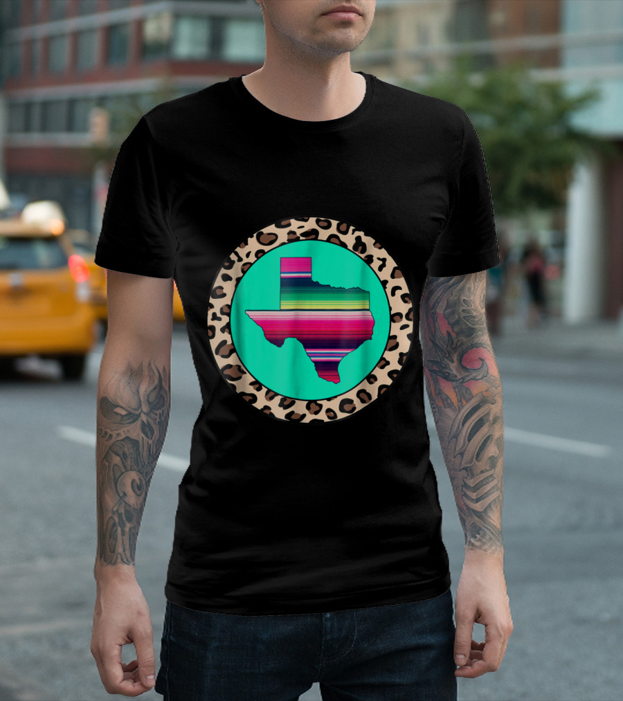 Texas State Serape Stripe Leopard Pattern Circle T-Shirt