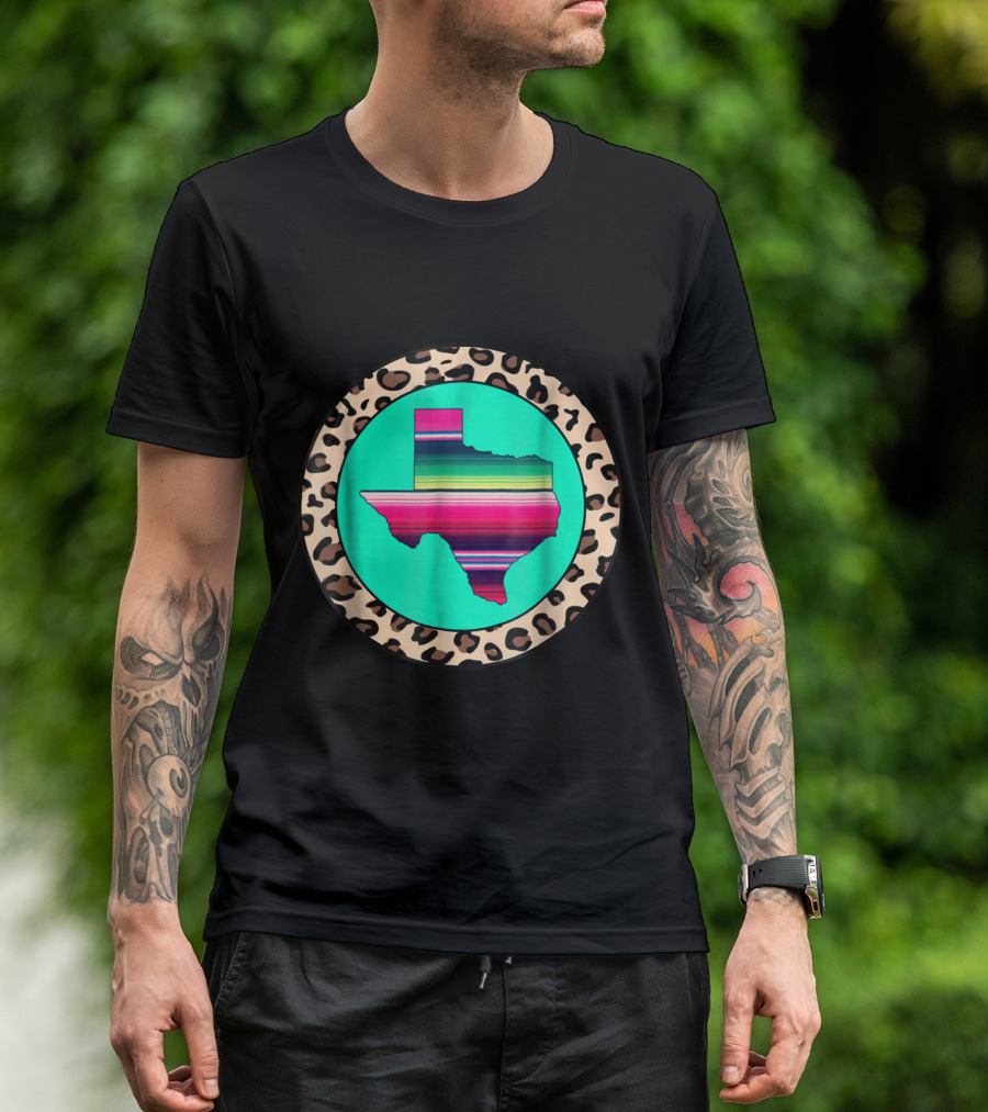 Texas State Serape Stripe Leopard Pattern Circle T-Shirt